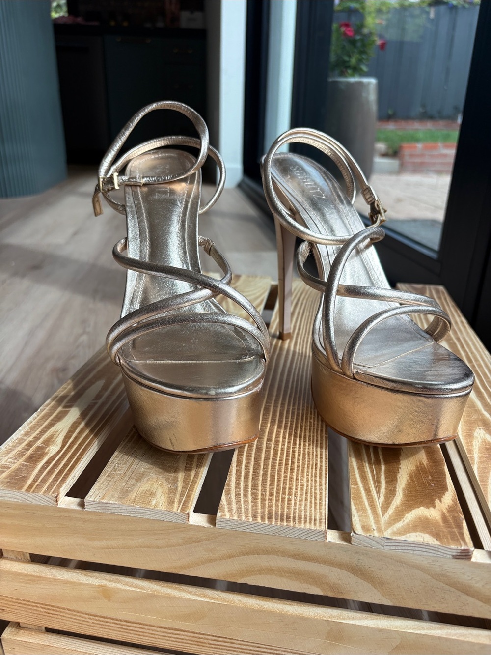 SCHUTZ Metallic Gold Strappy Platform Sandals